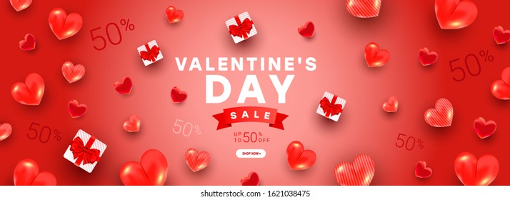 Valentines sale banner template with gift boxes with red village bow, 3d heart shape on minimal red background. Beautiful minimal greeting card for banner, poster, invitation or discount background.