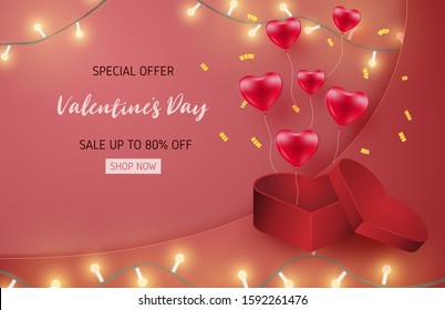 Valentines sale banner template with heart shape balloon and heart shape gift box. Special offer up to 80% off. Vector illustration Valentine's day concept.