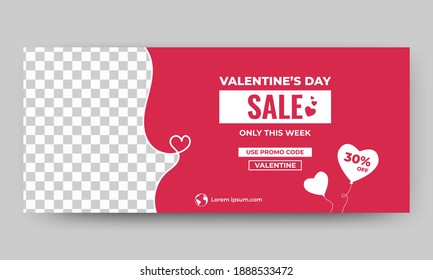 Valentine's sale banner template. Red background with love balloon decoration. Flat design vector with a photo collage. Usable for banner, background, and cover.