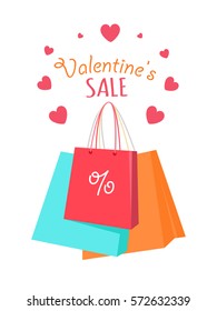 Valentine's sale. Color shopping paper bags with discount percent sign, hearts and lettering flat vector illustration on white background. Buying gifts for romantic holiday. For seasonal promotions