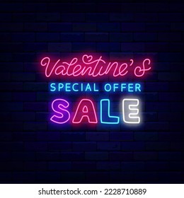 Valentines Sale neon label. Special offer. February special offer. Holiday marketing. Glowing emblem on brick wall. Romantic shopping. Vector stock illustration