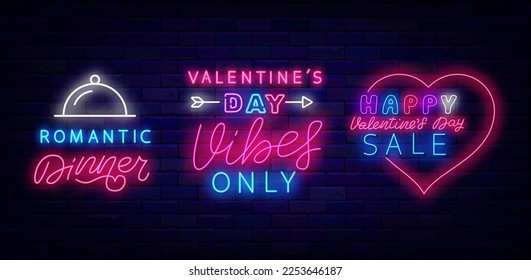 Valentines Sale neon labels collection. Romantic dinner. Valentines day vibes only. Heart frame. Luminous advertisings set. February holiday marketing. Vector stock illustration