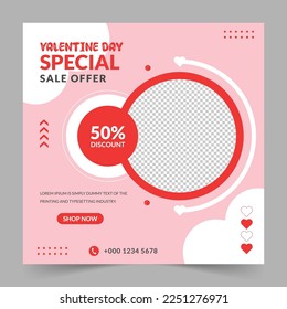 Valentine's sale offer square banner design template pink background with love shapes. Usable for social media post, greeting card, banner, and web ad.