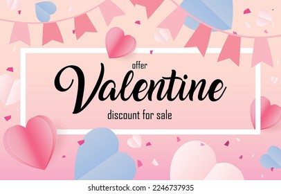 Valentine's sale Paper cut elements in shape of heart flying on frame and discount for sale on pink background. Vector symbols of love for Happy Valentines Day. greeting card design.