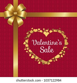 Valentines sale poster with heart made of golden stars, sparkling hearts elements on red background with decorative ribbon and bow in upper corner