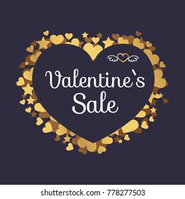 Valentines sale poster with inscription in hearts shape frame, small heart with angel wings vector illustration discount banner template on black