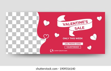 Valentine's sale promotion banner template. Red background with love decoration. Flat design vector with a photo collage. Usable for banner, background, and cover.