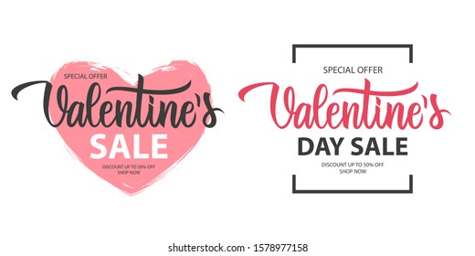 Valentines Sale promotional labels templates set. Valentine's Day special offer text design with hand lettering for business, holiday shopping, promotion and advertising. Vector illustration.