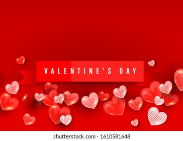 Valentines sale romantic vector banner composition with realistic decoration 3d red heart elements, ribbon on light pink background