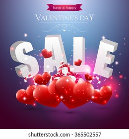 Valentines sale sign with red hearts presents and candy on a blue background.