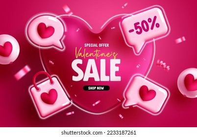 Diseño de banner vectorial de texto para la venta de San Valentín. Oferta especial del día de San Valentín feliz promocional para cupones de descuento de compras y antecedentes de volantes. Ilustración vectorial.