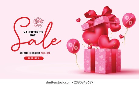 Valentine's sale text vector banner design. Happy valentines day special discount offer with gift box and floating heart balloons for shopping promotion. Vector illustration hearts day greeting card.
