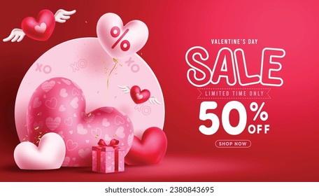 Valentine's sale text vector banner design. Valentine's day podium stage with heart balloons and gift box decoration elements for holiday season shopping promotion. Vector illustration heart's day 