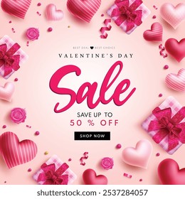 Valentine's sale text vector banner design. Happy valentine day promo discount flyers with heart balloons elements for shopping brochure background. Vector illustration hearts day flyers advertisement