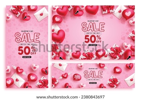Valentine's sale text vector banner set design. Happy valentine's day promo discount offer with hearts balloons elements lay out collection. Vector illustration shopping promotion collection.
