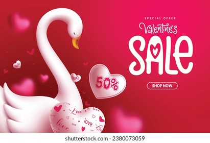 Valentine's sale text vector design. Happy valentine's day special offer text with swan love elements for shopping discount background. Vector illustration hearts day promo advertisement.
