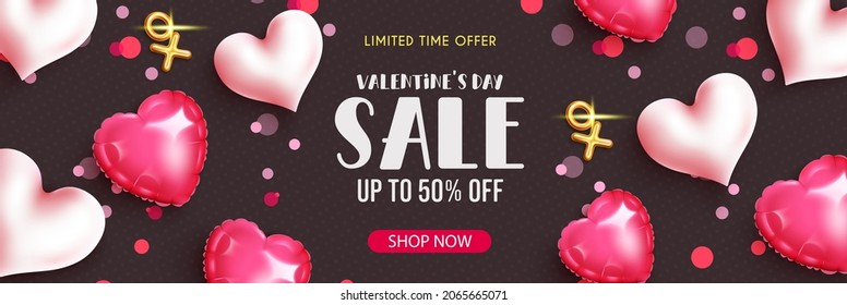 Valentines sale vector banner design. Valentine's day limited time sale text up to 50% off promotion offer for valentine celebration gifts shopping discount advertisement. Vector illustration.
