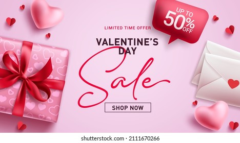 Valentine's sale vector banner design. Valentine's day limited time offer text in pink space background for hearts day promotion. Vector illustration.

