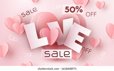 Valentines sale vector banner with pink hearts. Special offer poster background. Vector paper love template for Valentine's Day discount promotion.
