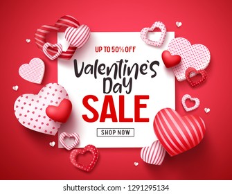 Valentines sale vector banner template. Valentines day store discount promotion with white space for text and hearts elements in red background. Vector illustration.
