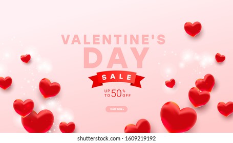 Valentines sale vector banner template with realistic decoration 3d red heart balloon elements on light pink background