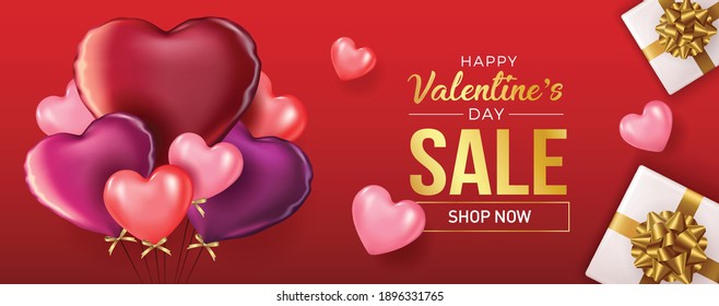 Valentines sale vector banner template. Valentines day store discount promotion with white space for text and hearts elements in red background. Vector illustration.