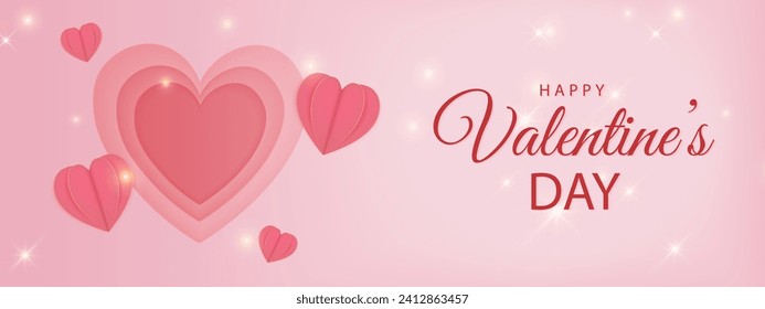 Valentines sale vector banner template. Valentines day store discount promotion with white space for text and hearts elements in pink background. Vector illustration.