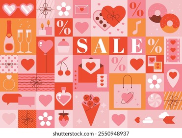 Modelo de banner de vetor de venda Valentines. Promoção de desconto de loja de Dia dos Namorados. Conjunto de elementos decorativos do dia dos namorados. Corações