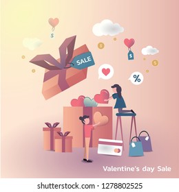 Valentine's Sale vector concept for Website or Mobile Application Vector Concept Marketing, E-commerce and Digital marketing.