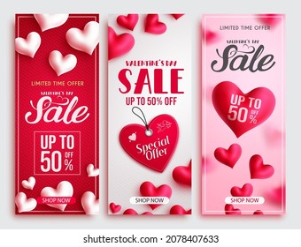 Valentines Sale Vector Poster Set. Valentine's Day Sale Text With Hearts And Price Tag Up To 50% Off Discount For Love Celebration Shopping Promo Offer Advertisement. Vector Illustration.
