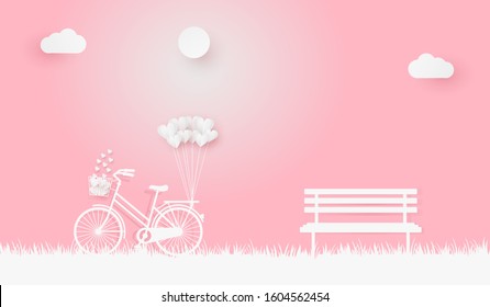 Valentine's scenery illustration design in paper art style with a bicycle, clouds, sun, heart balloons, and bench.