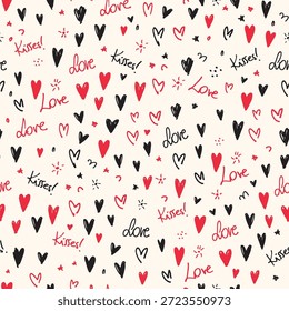 Valentines Scribbles padrão corações e amor caligrafia lienar decorativo sem emenda padrão. Plano de fundo de repetição. Impressão de papel de parede inclinável.