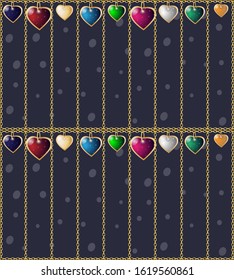 Valentines seamless background. Colorful heart pendants. Chain cages on a dark background