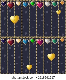 Valentines seamless background. Colorful heart pendants. Chain cages on a dark background