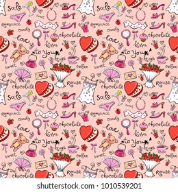 Valentines seamless background different nice things for the girl, hand drawn style.