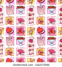 Valentines seamless background different nice things for the girl, hand drawn style.