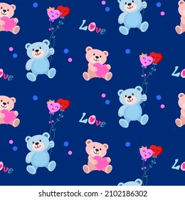 Valentine's seamless pattern with cute bear and heart shape balloon on blue background. Can be use for fabric textile wallpaper wrap paper.