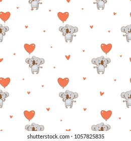 Valentine's seamless pattern  with cute cartoon  koalas  on  white  background. Happy animals. Funny Lovers. Red balloons. Children's illustration. Vector image.