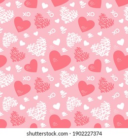 Valentine's seamless pattern. Valentines Day seamless background with heart shapes. Romantic background, texture. Hand drawn vector pattern illustration, isolated objects.