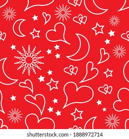 Valentine's seamless pattern. Valentines Day seamless Romantic background of hearts, moon and stars. Hand drawn vector pattern illustration, isolated objects.