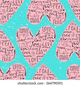 Valentines seamless pattern  with heart and love phrase. Polka dot backdrop. Vector illustration. Can be used for wallpaper, fills, background, posters or postcards.