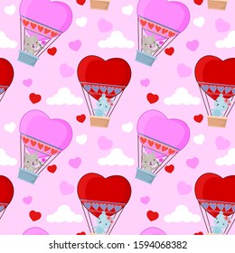 Valentines seamless pattern with heart shape balloon and cute bear on pink sky with white cloud.