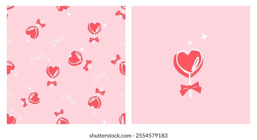 Valentine's seamless pattern with heart shape candies and ribbon bows on pink background. Heart shape candy icon vector.