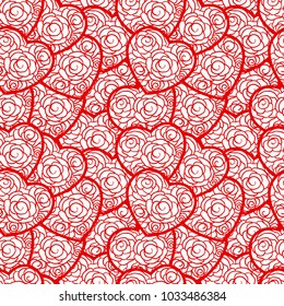 Valentines seamless pattern of heart shapes with doodle rose ornament and lace texture