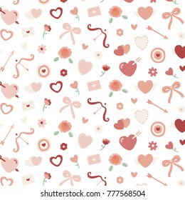 Valentines seamless pattern with heart,flower,bow,Cupid's Bow,love letter,Arrow,dart,rose. Hand drawn vector illustration.