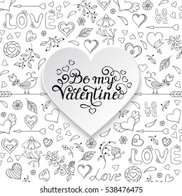 Valentine's seamless pattern with hearts and other elements and handwritten inscription Be my Valentine.Coloring page for children and adult. Vector illustration.