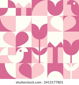 Valentine's seamless pattern. Hearts shapes, flowers and birds abstract pastel background. Minimalistic retro style. Vector illustration.