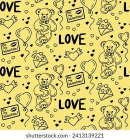 Valentines seamless pattern with Valentines items, teddy bear, balloon, hearts, envelopes. Vector isolated black elements on yellow background. Trendy print design for textile, wallpaper