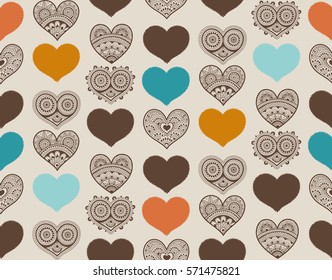 Valentine's seamless pattern with lace hearts. Mehndi style. You can use it for packaging design, textile design and scrapbooking.