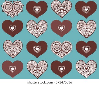Valentine's seamless pattern with lace hearts. Mehndi style. You can use it for packaging design, textile design and scrapbooking.